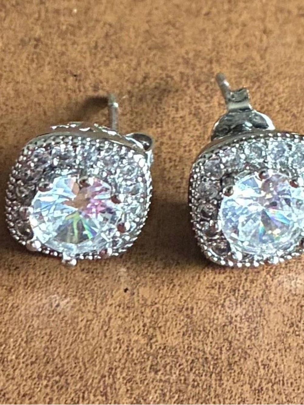 Silver-Tone Halo Stud Earrings with Clear Center Stones